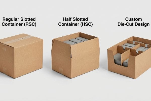 Three Corrugated Box Types Three brown corrugated cardboard boxes: a Regular Slotted Container (RSC), a Half Slotted Container (HSC) filled with grey items, and a Custom Die-Cut Design box with internal dividers.