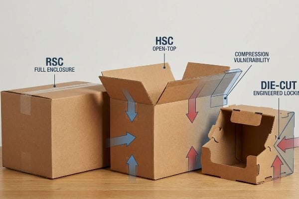 Box Types Comparison Three corrugated boxes: RSC Full Enclosure, HSC Open-Top with Compression Vulnerability, and Die-Cut Engineered Locking.
