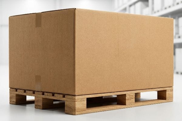 A sturdy brown corrugated package box rests securely on a light wooden pallet, ready for warehouse logistics and shipping.