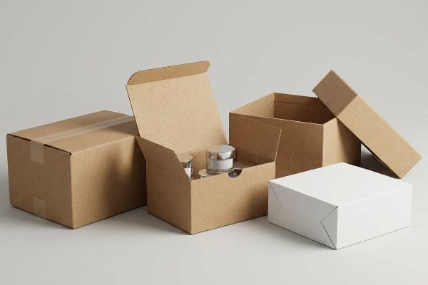 Corrugated Packaging Boxes Brown and white corrugated packaging boxes, including an open folding carton with cosmetic jars, a closed RSC shipping box, and empty open boxes.