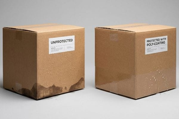 Brown corrugated cardboard boxes, one 'Unprotected' with water damage and absorption, the other 'Protected With Poly-Coating' repelling water, demonstrating moisture resistance.