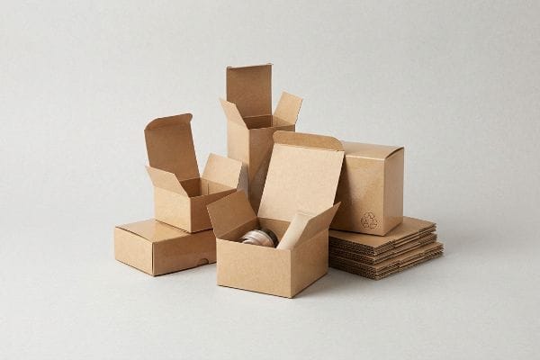 Sustainable Cardboard Packaging Boxes Brown corrugated cardboard boxes, some open and closed, with a recycling symbol, showcasing sustainable, curbside recyclable packaging.