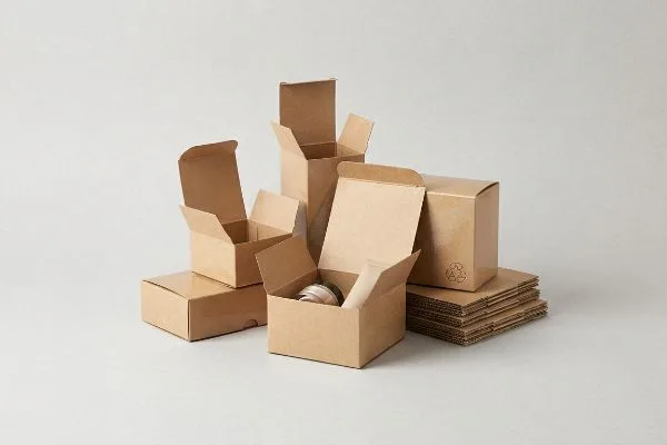 茶色の段ボール箱（一部は開閉式）にはリサイクルマークが付いており、持続可能な、路上でリサイクル可能な包装材を紹介している。.