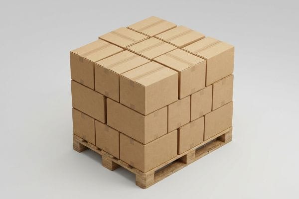 Brown corrugated boxes stacked on a wooden pallet, ready for packing and global transit.