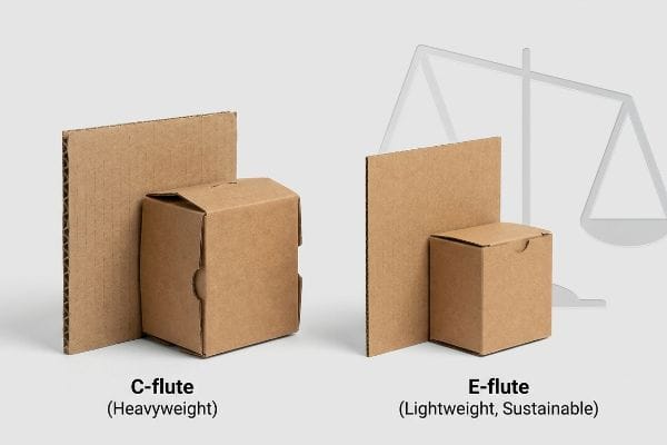 Corrugated Flute Comparison Corrugated C-Flute Heavyweight and E-Flute Lightweight Sustainable packaging samples, illustrating thickness for shipping.
