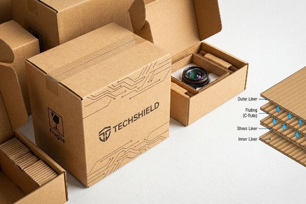 Corrugated Box Layers Packaging Corrugated cardboard boxes, one with Techshield logo, another open with a camera lens, and a C-flute layer diagram.
