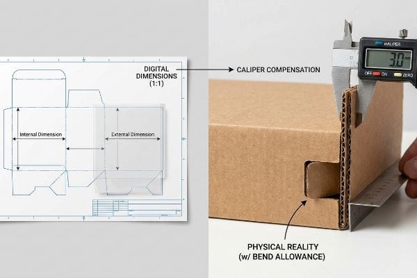 Digital caliper measuring 3.0mm corrugated cardboard, contrasting dieline's internal and external dimensions with physical reality and bend allowance.