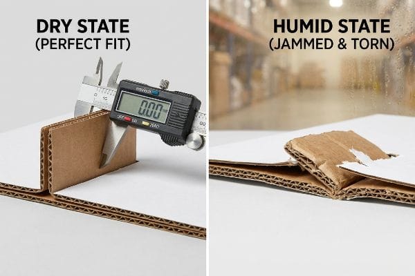 Corrugated Humidity Swelling Damage Corrugated B-flute Dry State measured by caliper vs. Humid State showing Jammed & Torn from moisture swelling.