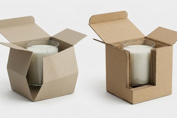 Two distinct corrugated cardboard packaging solutions for a white glass candle jar, showcasing different protective internal structures.