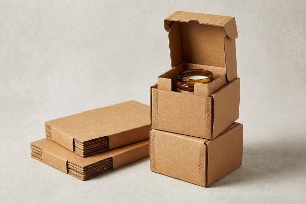 Wholesale Kraft Candle Boxes Brown kraft corrugated candle boxes, flat-packed and assembled with a candle, for wholesale packaging solutions.