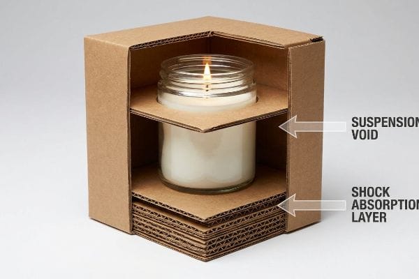 Candle Shipping Packaging Brown corrugated packaging with a lit glass candle jar, featuring a Suspension Void and a Shock Absorption Layer for kinetic impact absorption.