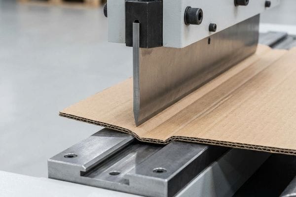 Processo de Vinco de Papelão Papelão ondulado marrom sendo vincado por uma matriz de aço, formando uma linha de dobra precisa com uma matriz de vinco.