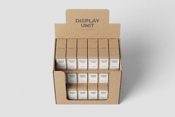 Cardboard Product Display Unit A brown corrugated cardboard display unit presents multiple small boxes, each labeled 'Premium Goods', against a light grey background.