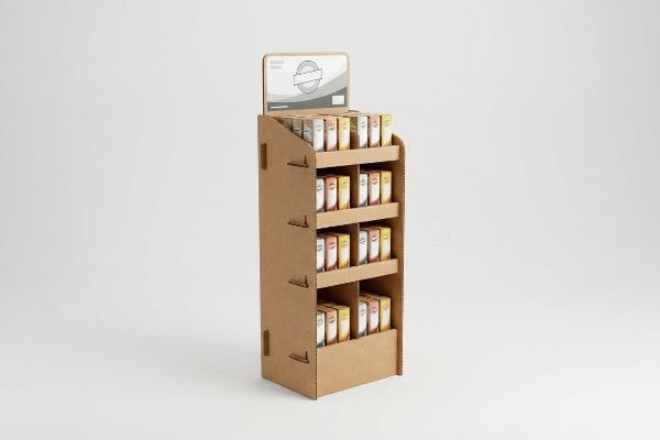 段ボール製品展示スタンド この実用的な段ボール製の陳列台は、小さくてカラフルな商品箱を複数列に並べることができ、上部には無地のヘッダーカードが置かれています。.