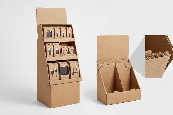 Corrugated Display Units Brown corrugated cardboard floor merchandiser with packaged electronics and an empty countertop display, showing material flutes.