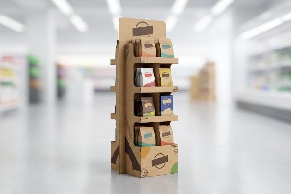 Cardboard POP Display Retail A retail aisle features a multi-tiered corrugated cardboard point-of-purchase display showcasing various product bags.