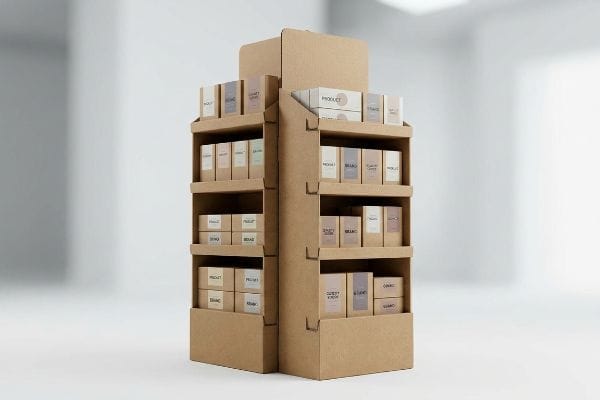 Cardboard Retail Display Stand A four-sided corrugated cardboard retail display stand, filled with numerous small, light brown product boxes featuring labels like "Product", "Brand", "Beauty Care", and "Skincare" in various pastel shades, set against a soft, blurred white background.