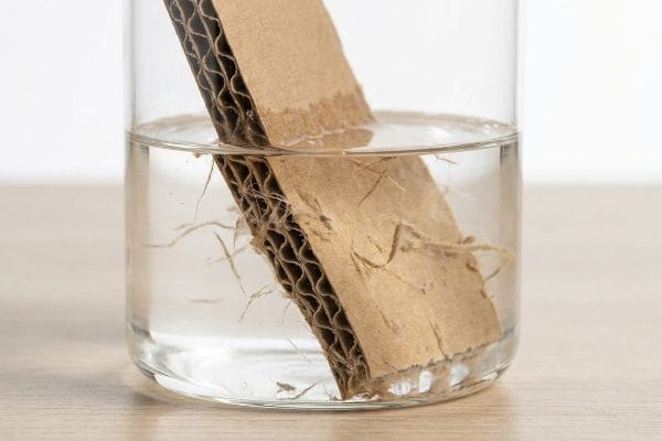 Cardboard Water Repulpability Corrugated cardboard soaking in clear water, revealing its flutes and softening fibers, illustrating repulpability for recycling.