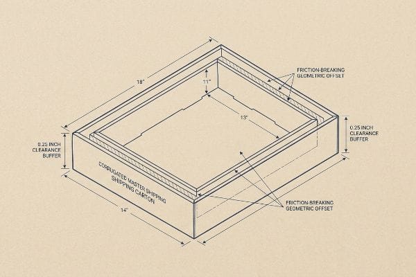 Corrugated Master Shipping Shipping Carton with 0.25-inch Clearance Buffer, Friction-Breaking Geometric Offset, and dimensions.