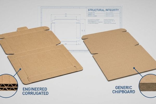 Vergleich von Wellpappe Ein speziell entwickelter Wellpapp-Versandkarton mit sichtbaren Wellen bildet einen Kontrast zu einer herkömmlichen Spanplatte; beide sind flach verpackt auf einem „Strukturelle Integritäts“-Plan.