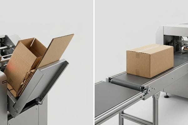 Packaging Line Automation Brown corrugated components in a feeder and an assembled box on an automated conveyor belt.