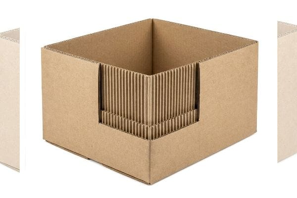 Brown corrugated cardboard box featuring internal vertical flute corner reinforcements, engineered for high strength.
