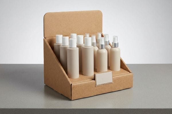 Corrugated cardboard countertop display box with beige cosmetic bottles, white caps, and silver spray pumps.