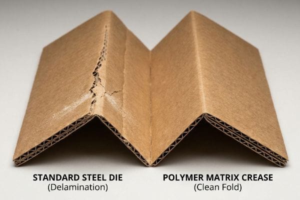 Crease Matrix Comparison Brown corrugated cardboard folds comparing Standard Steel Die delamination to a clean Polymer Matrix Crease.