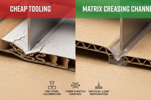 Corrugated cardboard comparison shows Cheap Tooling causing damage versus a clean fold with Matrix Creasing Channel, ensuring Fiber Stretch Control and Vertical Load Restoration.