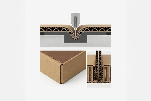 Cardboard Creasing Process Corrugated cardboard creasing diagram illustrates a die-cutting tool forming a precise 90-degree fold, complemented by a sharp brown box corner and a cross-section of compressed flutes.