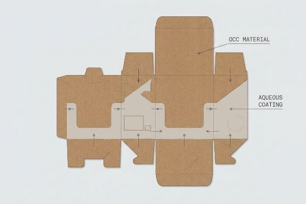 Corrugated Box Template Unfolded corrugated display box die-cut template showing OCC Material and Aqueous Coating for sustainable packaging.