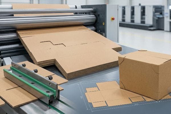 Cardboard Box Production Corrugated cardboard blanks feed into a die-cutting machine, with a finished box and technical drawing nearby, illustrating industrial packaging production.