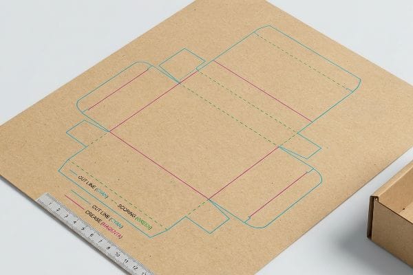 Auf brauner Wellpappe ist eine Stanzformvorlage für eine Verpackung mit cyanfarbener Umrisslinie, grüner Rilllinie und magentafarbenen Falzlinien sowie einem Lineal abgebildet.