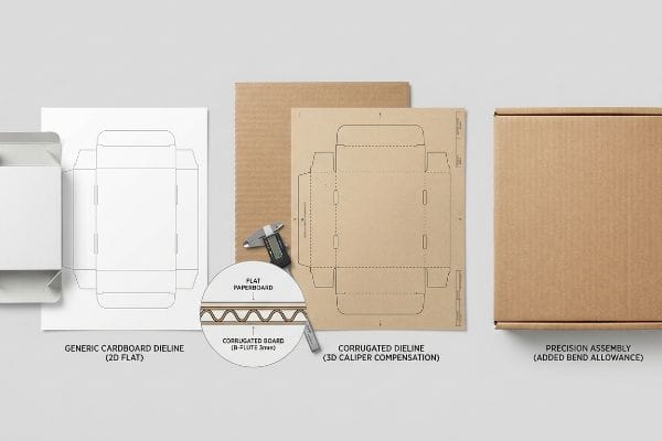 Generic Cardboard Dieline (2D Flat) contrasted with Corrugated Dieline (3D Caliper Compensation), showing B-Flute 3mm detail and Precision Assembly.