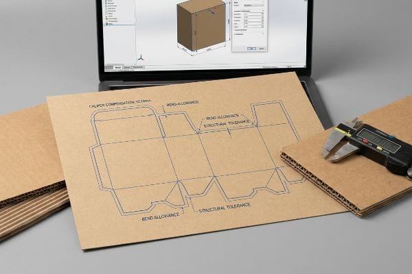 Custom Box Dieline Design Brown corrugated board with a dieline blueprint showing Caliper Compensation +2.79mm, Bend Allowance, and Structural Tolerance, next to a laptop displaying 3D CAD software and a digital caliper.