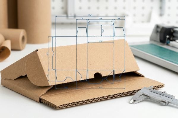 Brown corrugated mailer box dieline with blue engineering measurements and a caliper tool, emphasizing precise board thickness.