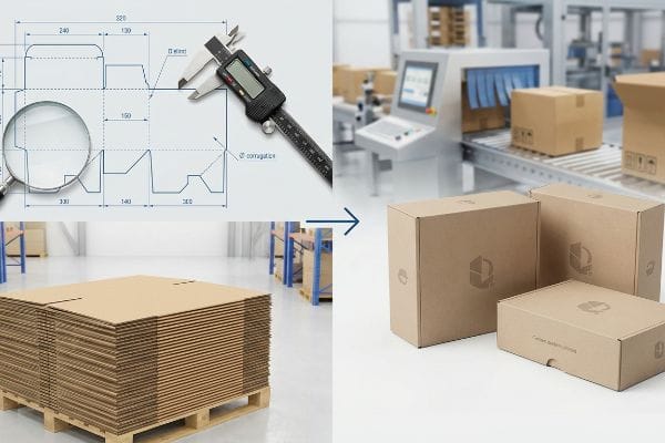 Packaging Dieline Production Corrugated box dieline with digital caliper measuring fluting, showing flat sheets on a pallet, and assembled custom design service boxes from a packaging line.