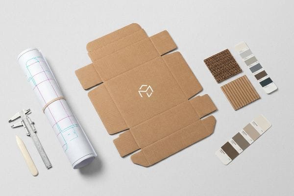 Custom Box Design Process Corrugated box dieline with cube logo, CAD blueprints, caliper, and flute samples for e-commerce packaging.