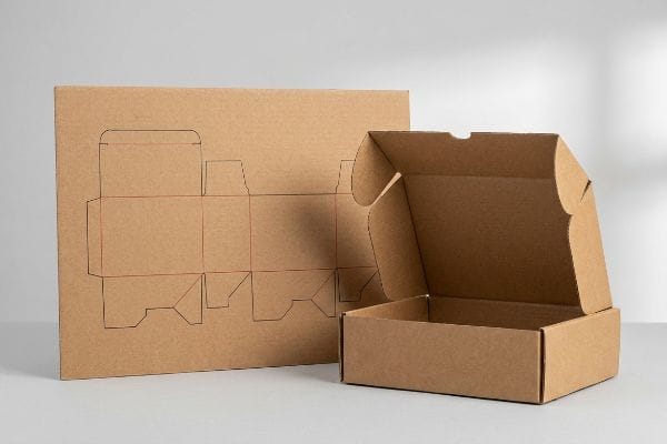 Corrugated Box Dieline An open brown corrugated mailer box next to a flat sheet displaying its precise dieline pattern.
