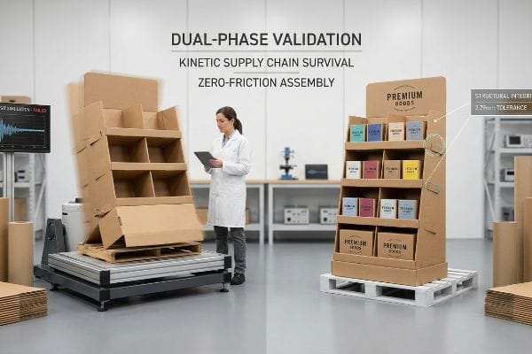 Display Validation Testing Corrugated display fails kinetic test, contrasting with 'Premium Goods' unit showing 'Structural Integrity 2.79mm Tolerance' in Dual-Phase Validation.