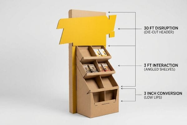 3-3-3 Rule Display Corrugated cardboard display stand illustrating the 3-3-3 Rule with a Yellow Die-Cut Header, Angled Shelves, and Low Lips for visual merchandising.
