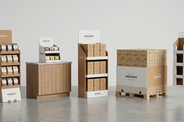 Expositores de papelão ondulado para varejo, incluindo unidades de chão, um expositor de balcão e uma saia para palete, todos com a marca 'Orgânico' e produtos embalados.