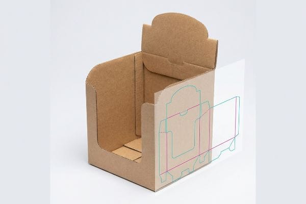 Die Cut Box Design Visualizing an unassembled brown corrugated die-cut display box with teal and magenta die lines overlay, demonstrating custom retail packaging.