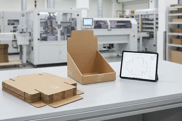 Custom Display Box Dieline Natural Kraft corrugated display boxes, flat sheets, and an assembled unit, with a tablet displaying a dieline in a factory.