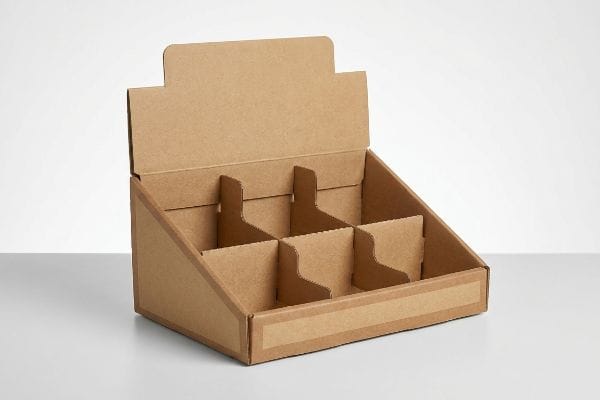 Corrugated Retail Display Box Brown corrugated cardboard retail display box with six internal compartments, ready for product packaging.