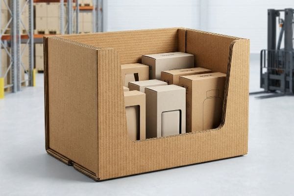 Corrugated cardboard retail display box filled with smaller kraft boxes, positioned in a warehouse for big-box merchandising.