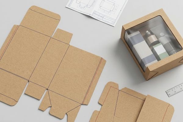 article-image Resting on a drafting table, an unfolded cardboard display box template reveals intricate structural dielines and manufacturing crease patterns.