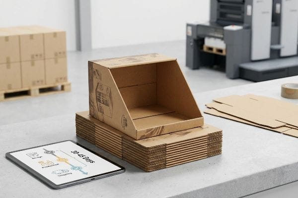 Plazo de entrega de la caja de cartón corrugado Una tableta muestra un cronograma de producción de 30 a 45 días para cajas de exhibición de cartón ondulado, detallando el almacenamiento, la producción y el envío, junto con una caja ensamblada y láminas planas.