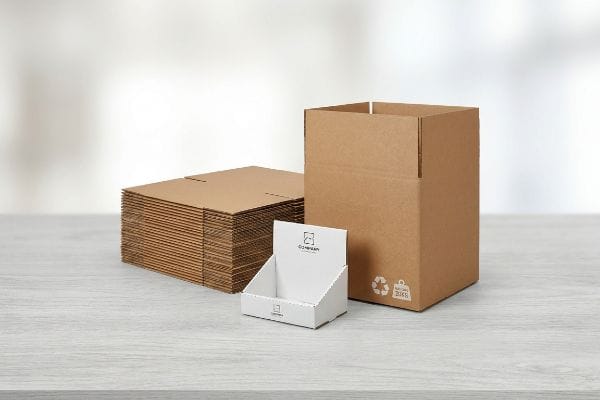 Showcasing corrugated packaging: an open brown box with a recycling symbol and '20KG' text, flat-pack cardboard stack, and a white display box with a square logo.