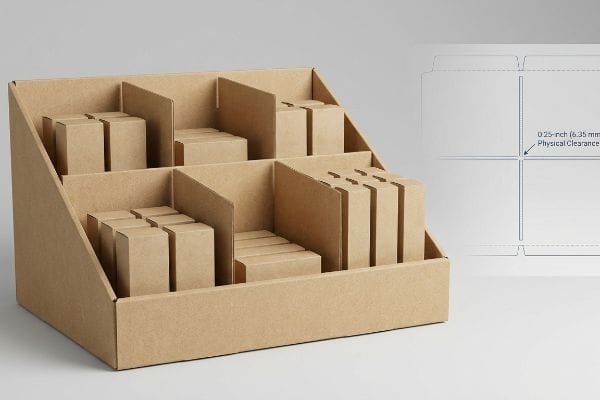 Brown corrugated cardboard retail display with modular dividers creating tiered, odd-numbered product clusters, featuring a blueprint showing 0.25-inch (6.35 mm) physical clearance.